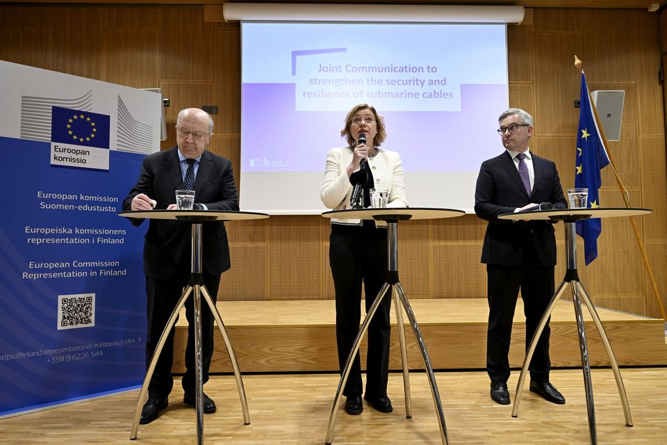 (From left) EU defence commissioner Andrius Kubilius, European Commission executive vice-president Henna Virkkunen and EU commissioner Magnus Brunner address reporters in Helsinki, Finland, following damage to undersea cables. Photo: Reuters